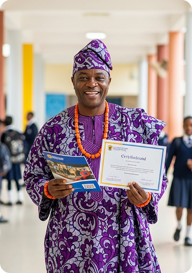 School administrator proudly holding a certificate in the school corridor
