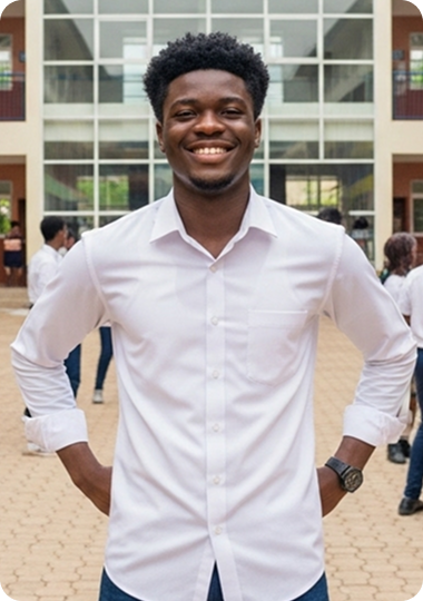 Smiling student in white shirt standing in the school courtyard